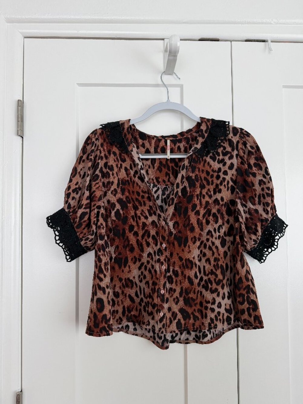 Free People Leopard Print Puff Sleeve Button Front Blouse Black Lace Trim Size S